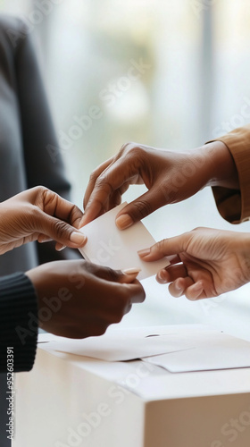 Unity in Voting Process: Diverse Hands with Mockup Blank Papers for U.S.A. Elections – Clean Composition, Emphasizing Inclusion and Business Relevance