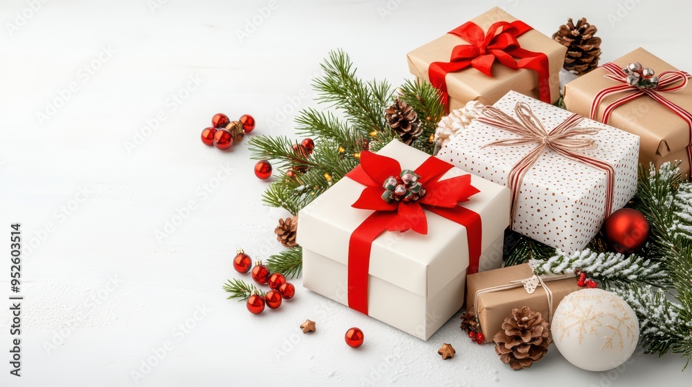 Beautifully wrapped Christmas gifts decorated with ribbons, surrounded by pine branches and festive ornaments on a white background. Beautifully wrapped Christmas gifts decorated with ribbons, surrounded by pine branches and festive ornaments on a white background.