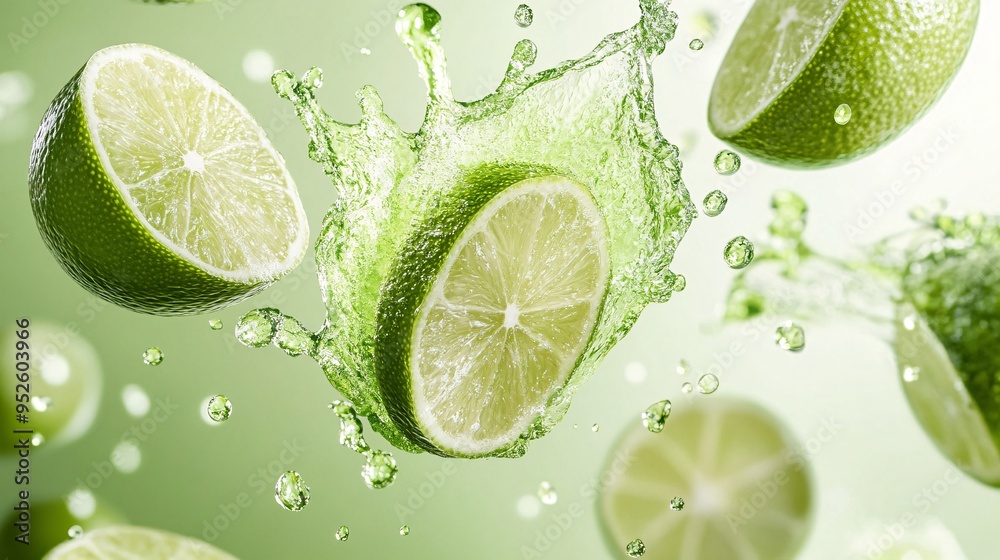 Lime Slices Splashing in Water on Green Background Lime Slices Splashing in Water on Green Background