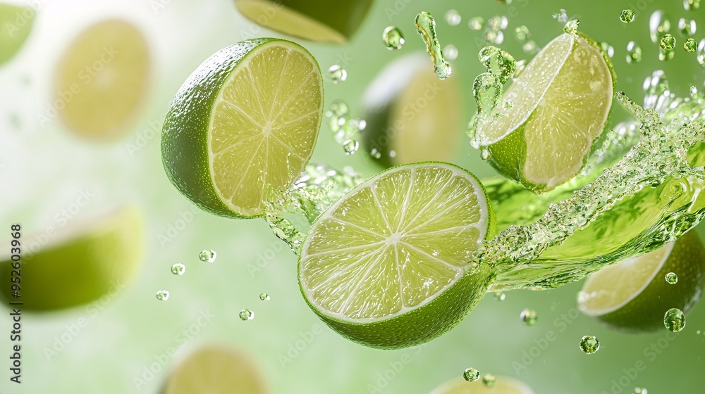 Lime Slices Splashing in Water on Green Background Lime Slices Splashing in Water on Green Background