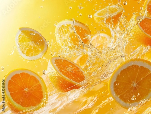 Orange Slices Splashing in Water Against Yellow Background photo