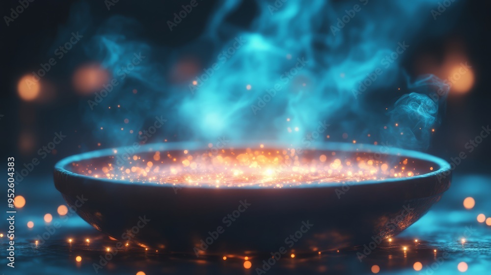 A mystical bowl emits vibrant sparks and swirling smoke casting an alluring glow as shimmering lights dance in the twilight creating an enchanting atmosphere A mystical bowl emits vibrant sparks and swirling smoke casting an alluring glow as shimmering lights dance in the twilight creating an enchanting atmosphere
