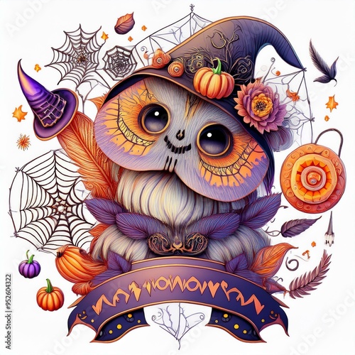 Charming Halloween-themed image of a cute owl wearing a witch hat, surrounded by spider webs, pumpkins, and festive decorations photo