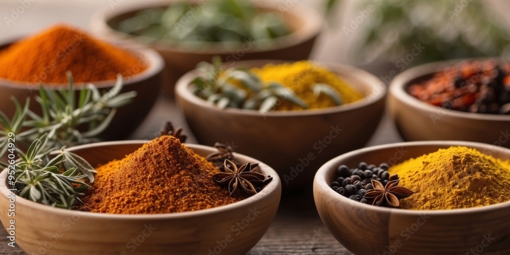 Aromatic Herbs and Spices in Wooden Bowls. Aromatic Herbs and Spices in Wooden Bowls.