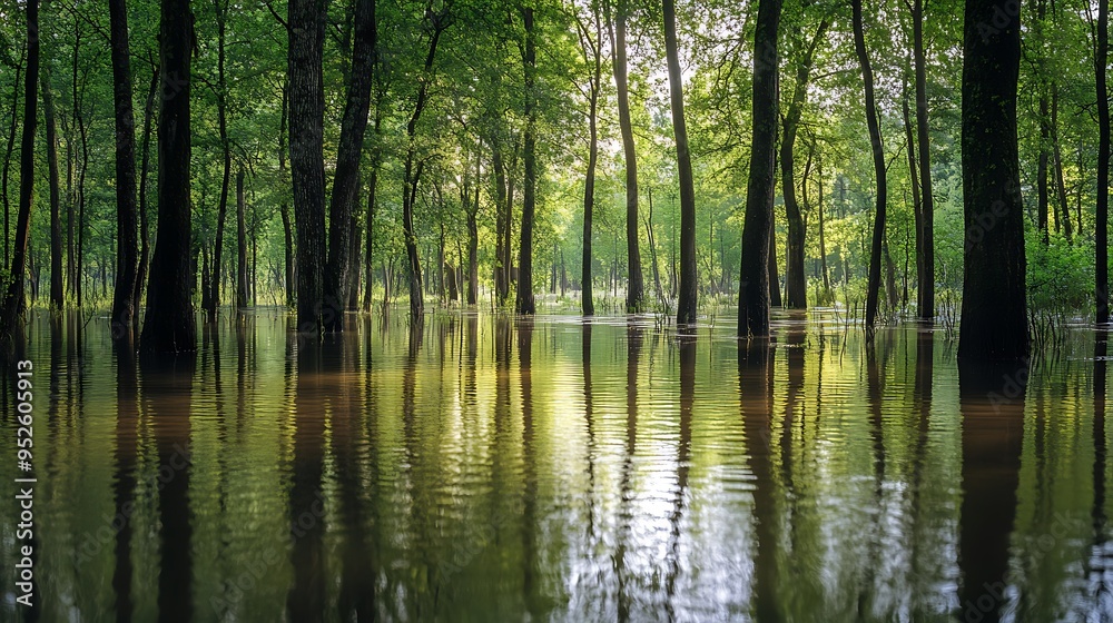 Serene Reflections: Tranquil Flooded Forest with Waterlogged Trees and Calm Water Surface Serene Reflections: Tranquil Flooded Forest with Waterlogged Trees and Calm Water Surface