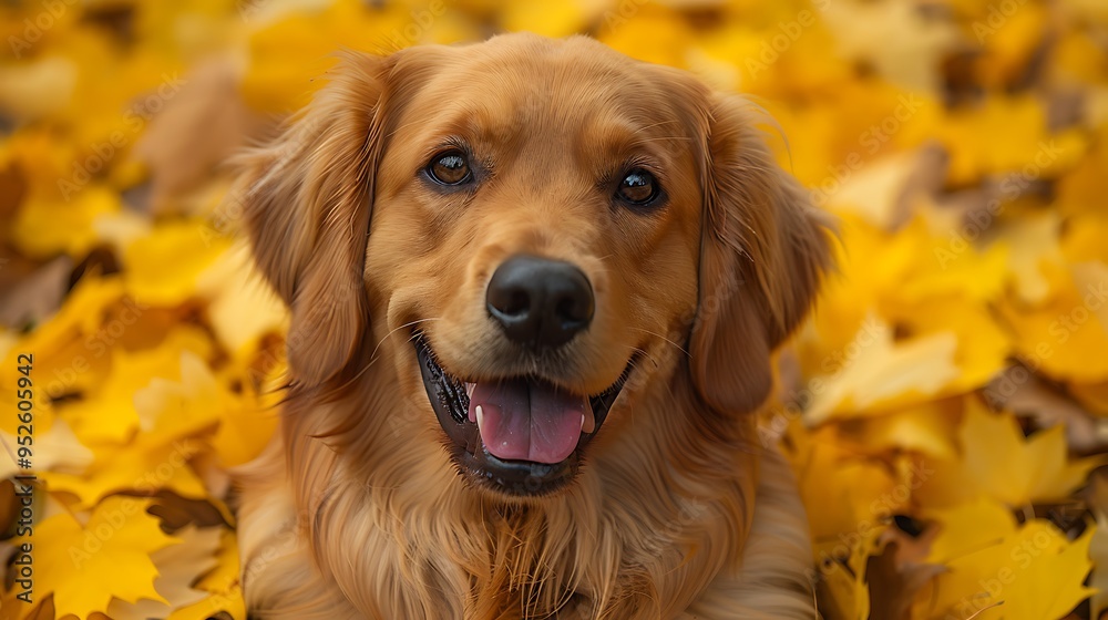 Golden Retriever dog lying in a pile of autumn leaves, looking at the camera with a happy expression. Golden Retriever dog lying in a pile of autumn leaves, looking at the camera with a happy expression.