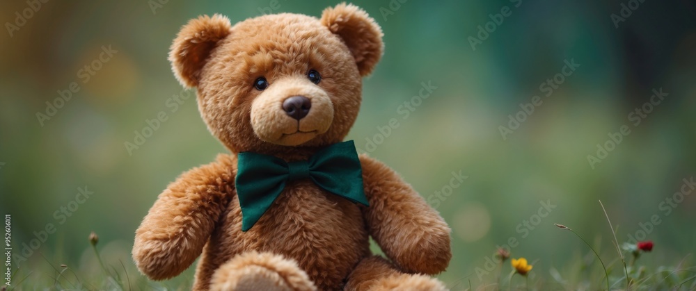 Stuffed and fluffy teddy toy bear turns and looks around on a green background. Stuffed and fluffy teddy toy bear turns and looks around on a green background.