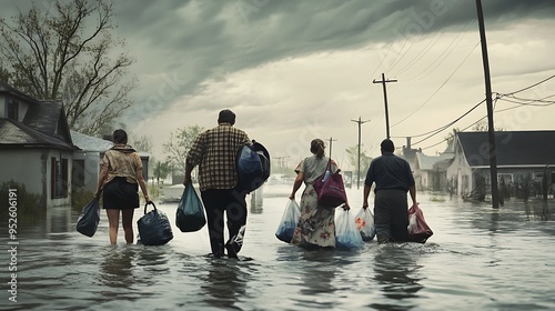 Urgent Evacuation: People Leaving Flooded Area under Gray Skies with Belongings photo