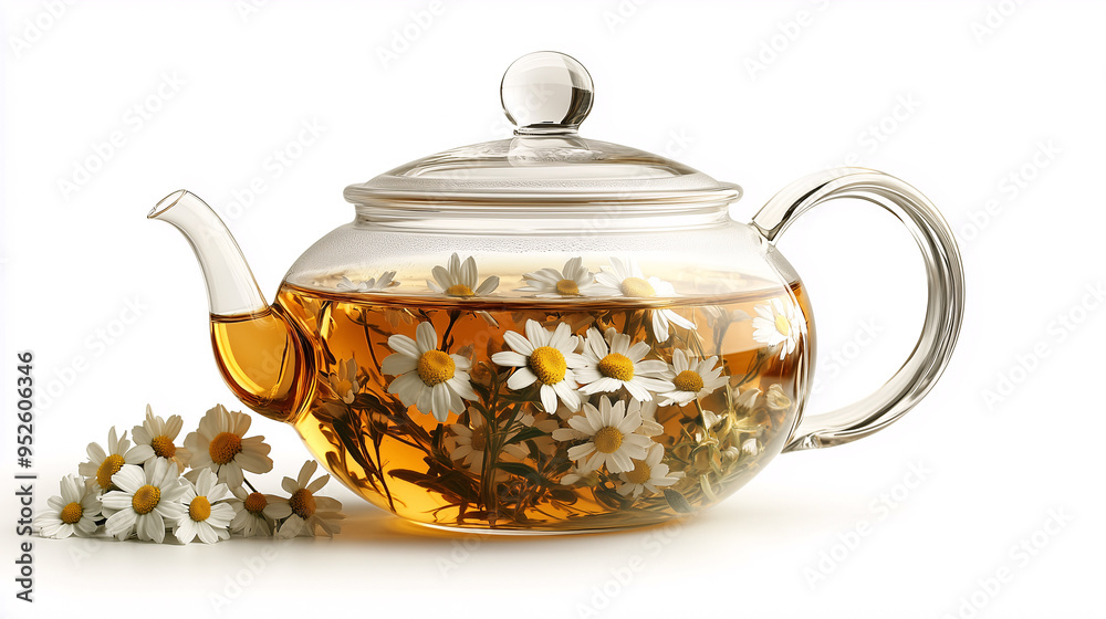 A glass teapot with chamomile tea and flowers inside, isolated on a white background A glass teapot with chamomile tea and flowers inside, isolated on a white background