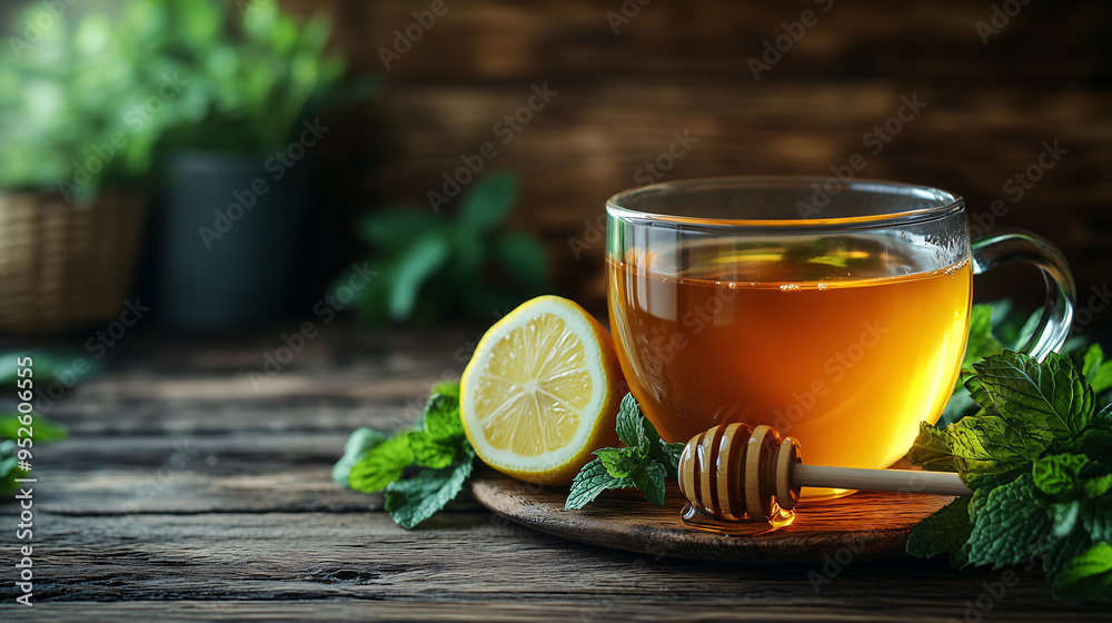 An inviting scene of honey and lemon tea in a glass cup, with fresh mint leaves on the side for a herbal burst of flavor. The background is a rustic wooden table An inviting scene of honey and lemon tea in a glass cup, with fresh mint leaves on the side for a herbal burst of flavor. The background is a rustic wooden table