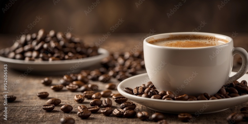 Cup of coffee with coffee beans on rustic background. Cup of coffee with coffee beans on rustic background.