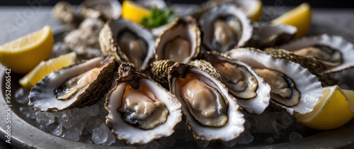 Delicious fresh oysters on the tray close-up Seafood lunch. photo