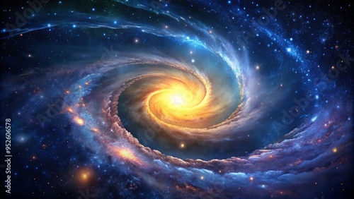 Vibrant galaxy swirls with stars, gas, and dust, illuminated by a brilliant white light, against a deep blue and black starry night sky background.