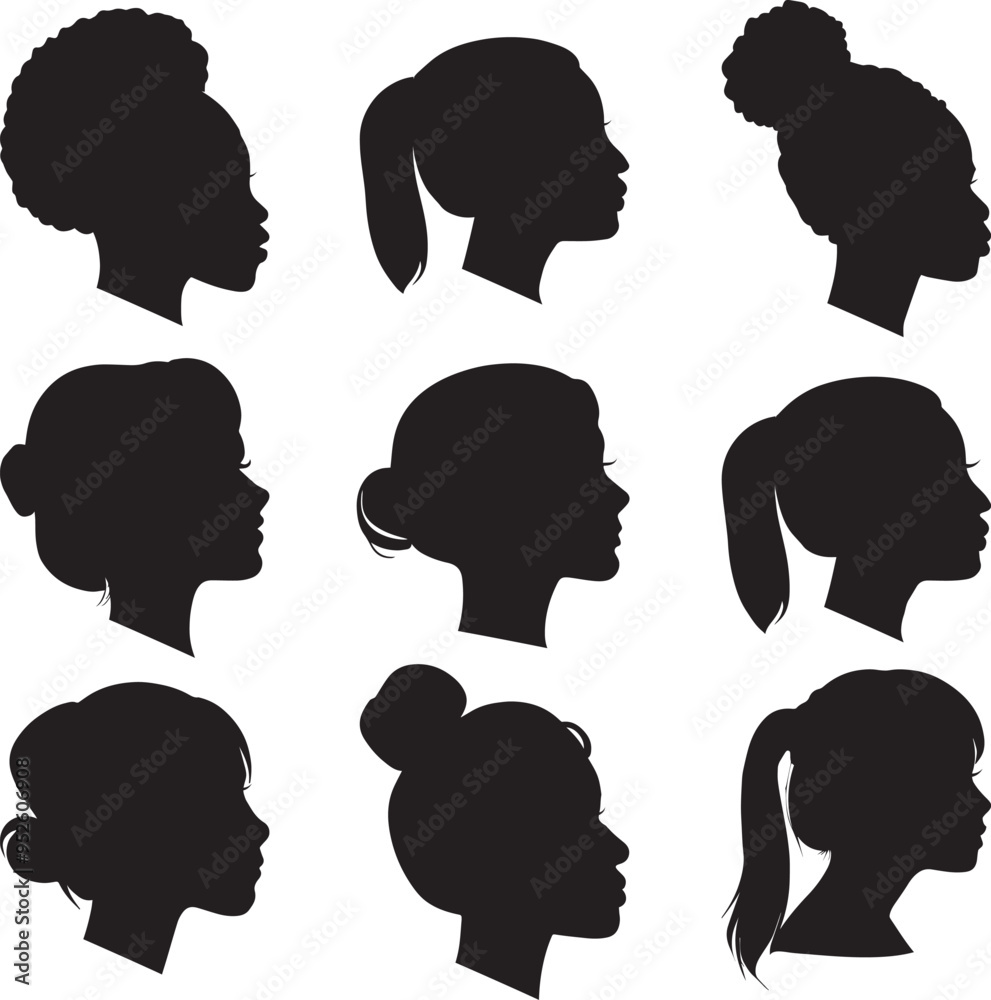 Face silhouette of woman face. Woman head silhouette. Vector illustration of woman Profile. Set of black silhouette girl head with different hairstyles. isolated on white background. woman avatar. Face silhouette of woman face. Woman head silhouette. Vector illustration of woman Profile. Set of black silhouette girl head with different hairstyles. isolated on white background. woman avatar.