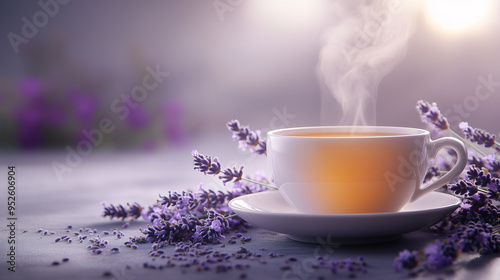 a steaming cup of lavender tea on the table, surrounded by fresh purple flowers