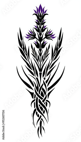 Tribal Lavender flower tattoo flash styles illustration