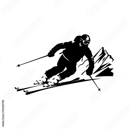 Alpine Skier Descending Rapidly on Snowy Slope