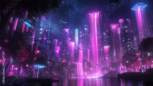 Futuristic Cityscape with Neon Lights and Flying Objects