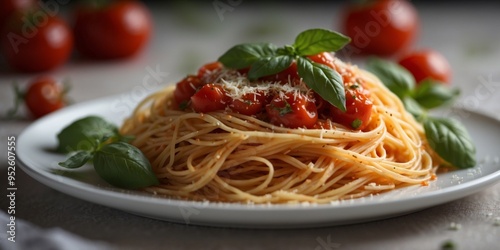 Delicious spaghetti with tomato sauce and fresh basil on a white plate Sprinkled with grated cheese A delicious and satisfying dish on the table. photo