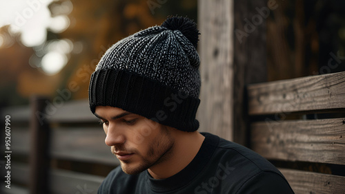 Plain black beanie mockup on a male model's head, captured in a studio setting