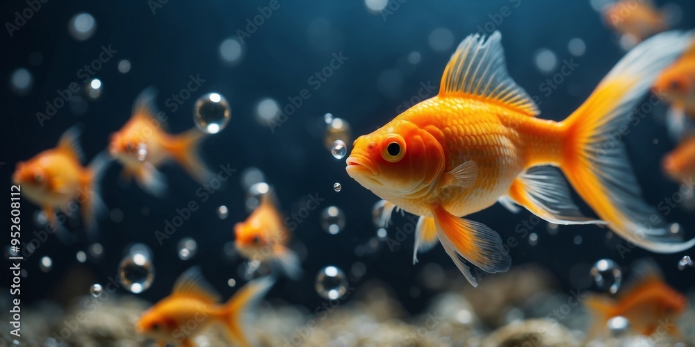 Goldfish swimming in clear water with bubbles. Goldfish swimming in clear water with bubbles.