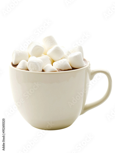 Cup of hot chocolate with marshmallows on top isolated on transparent background