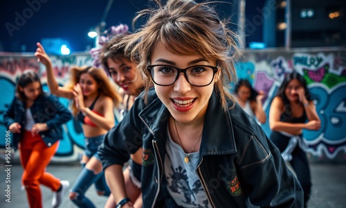 A joyful depiction of a group of teens dancing at a summer festival with a stage and crowd in the background2 photo