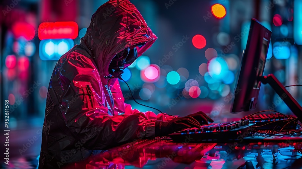 Obraz premium A hooded figure sits at a computer in a dimly lit urban setting. The figure is backlit by neon lights, creating a shadowy and mysterious atmosphere.