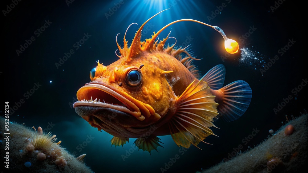 Vibrant orange anglerfish with bioluminescent lure on its head swims ...