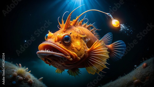 Vibrant orange anglerfish with bioluminescent lure on its head swims alone in dark, mysterious deep-sea water, surrounded by faint blue glow of marine sediment.