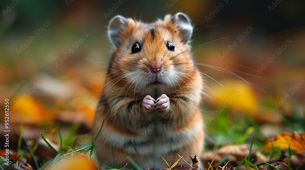 A cute hamster sitting on a bed of fallen leaves, looking up with its paws together. A cute hamster sitting on a bed of fallen leaves, looking up with its paws together.