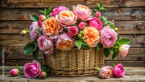 Vibrant pink peonies and soft peach roses overflow from a woven basket against a distressed wooden backdrop, surrounded by lush greenery and natural textures. photo