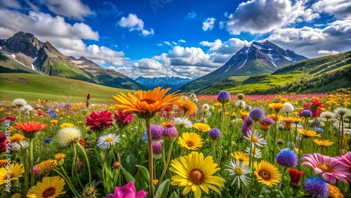 Vibrant rare exotic flowers bloom beside a field of common wildflowers, highlighting the contrasting beauty and uniqueness of each in a stunning natural landscape. photo