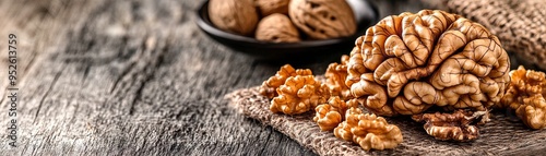 A rustic arrangement of assorted nuts on a wooden table, showcasing walnuts, almonds, and cashews for healthy snacking. photo