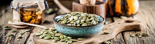 A rustic display of pumpkin seeds in a decorative bowl with wooden elements, perfect for health and nutrition themes. photo