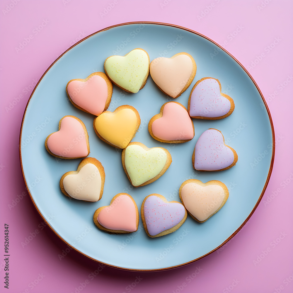 Plate of delicious heart-shaped cookies against a vibrant, colorful background image Plate of delicious heart-shaped cookies against a vibrant, colorful background image