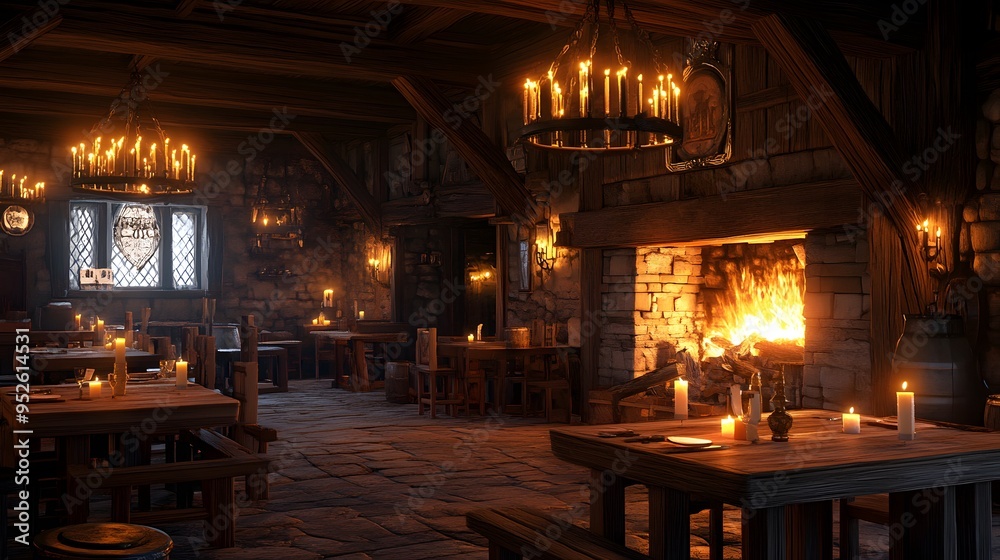 Inviting candle-lit tavern with wooden tables and a roaring fireplace in a medieval village Warm with rich wood tones and soft flickering light detailed 3D rendering