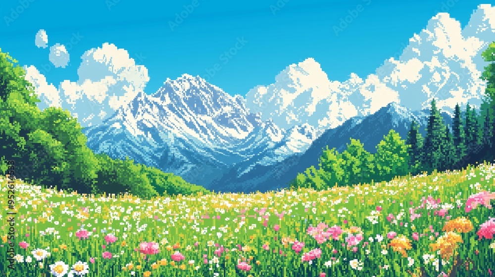 beautiful mountains with meadow and flowers landscape pixel art style panoramic view beautiful mountains with meadow and flowers landscape pixel art style panoramic view