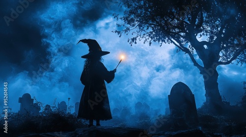 A young girl dressed as a witch, holding a glowing wand, stands in front of a spooky graveyard at twilight, with a silhouette dead tree and swirling fog adding to the eerie feel