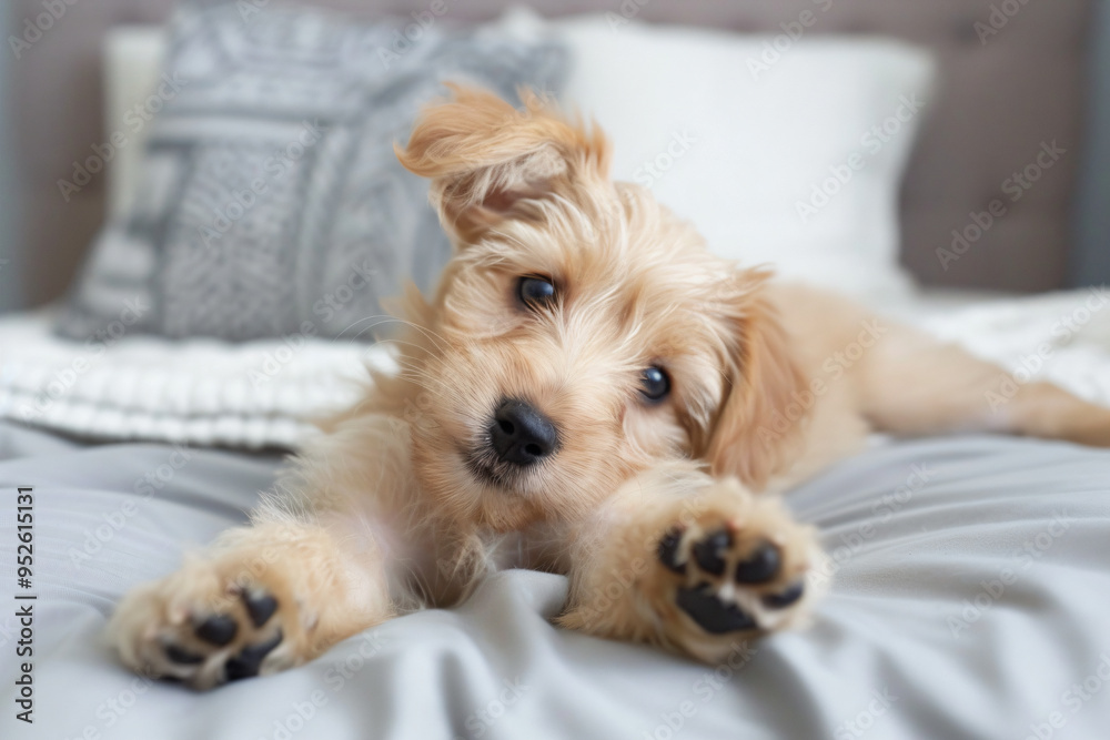 a small dog laying on a bed with a pillow a small dog laying on a bed with a pillow