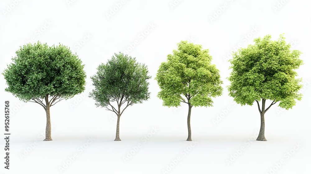 A collection of four realistic trees with green leaves A collection of four realistic trees with green leaves