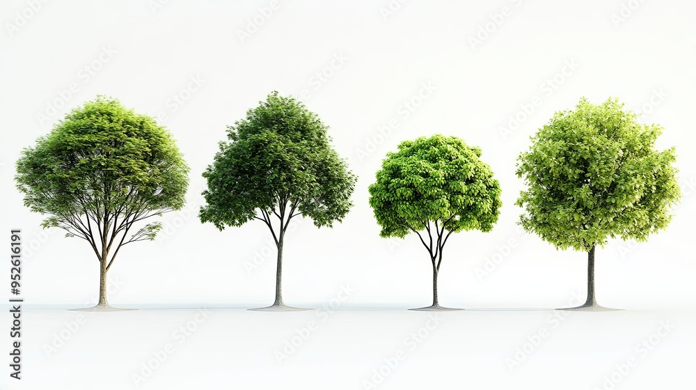 A set of four trees with realistic green leaves and various shapes and sizes, against a clean white background The trees are depicted with high detail and no ground shadows A set of four trees with realistic green leaves and various shapes and sizes, against a clean white background The trees are depicted with high detail and no ground shadows