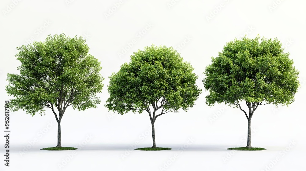 Obraz premium Four realistic trees with green foliage, each of different shapes and sizes, presented against a white backdrop The image showcases extreme detail and no shadows on the ground