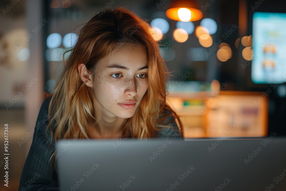 Preparing a presentation for her client: A marketing manager who is working late Preparing a presentation for her client: A marketing manager who is working late