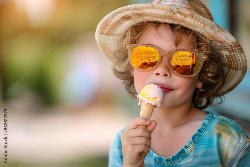 Boy wearing sunglasses eating ice cream outdoors Boy wearing sunglasses eating ice cream outdoors