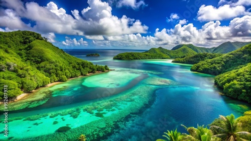 Vibrant turquoise lagoon surrounded by lush green hills and coral reefs in the tropical paradise of the Northern Mariana Islands, Pacific Ocean. photo