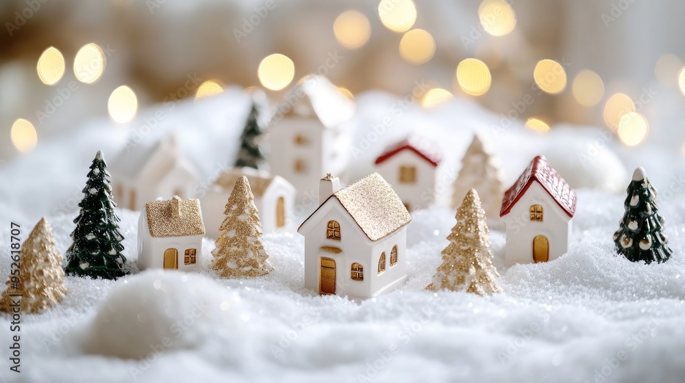 Cozy christmas miniature village. Stylish little ceramic houses and trees on snow blanket with golden lights on white background. Atmospheric winter village modern still life. Merry Christmas! Cozy christmas miniature village. Stylish little ceramic houses and trees on snow blanket with golden lights on white background. Atmospheric winter village modern still life. Merry Christmas!