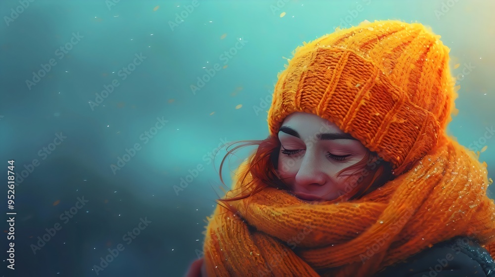 A woman wearing a yellow hat and scarf is looking at the camera A woman wearing a yellow hat and scarf is looking at the camera