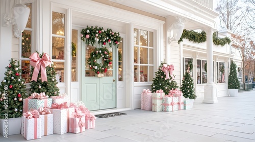 Charming festive storefront decorated with wreaths, gifts, and Christmas trees, ready for holiday celebrations.