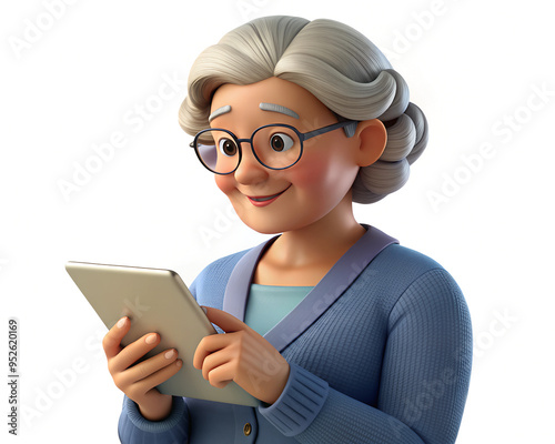 An elderly woman with gray hair and glasses, with a cheerful and happy expression on her face. She holds a mobile phone in her hand on a plain monochrome background.